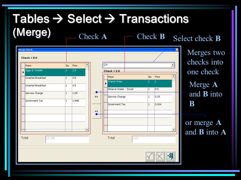 Tables Select Transactions (Merge) Merges two checks into one check Check ACheck B Select check B Merge A and B into B or merge A and B into A