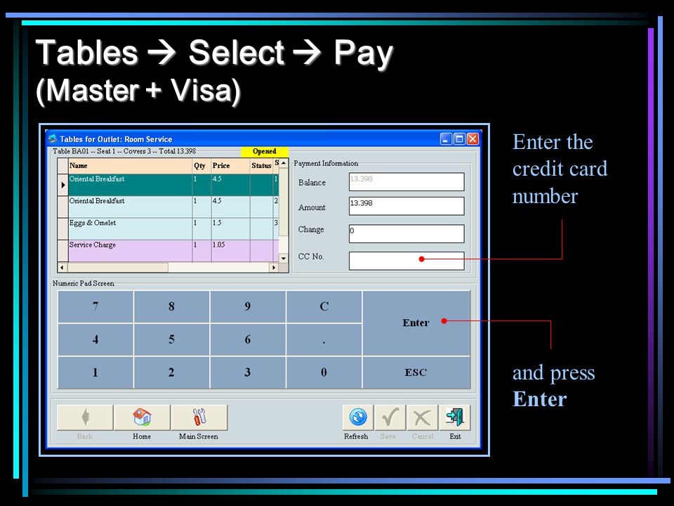 Tables Select Pay (Master + Visa) Enter the credit card number and press Enter