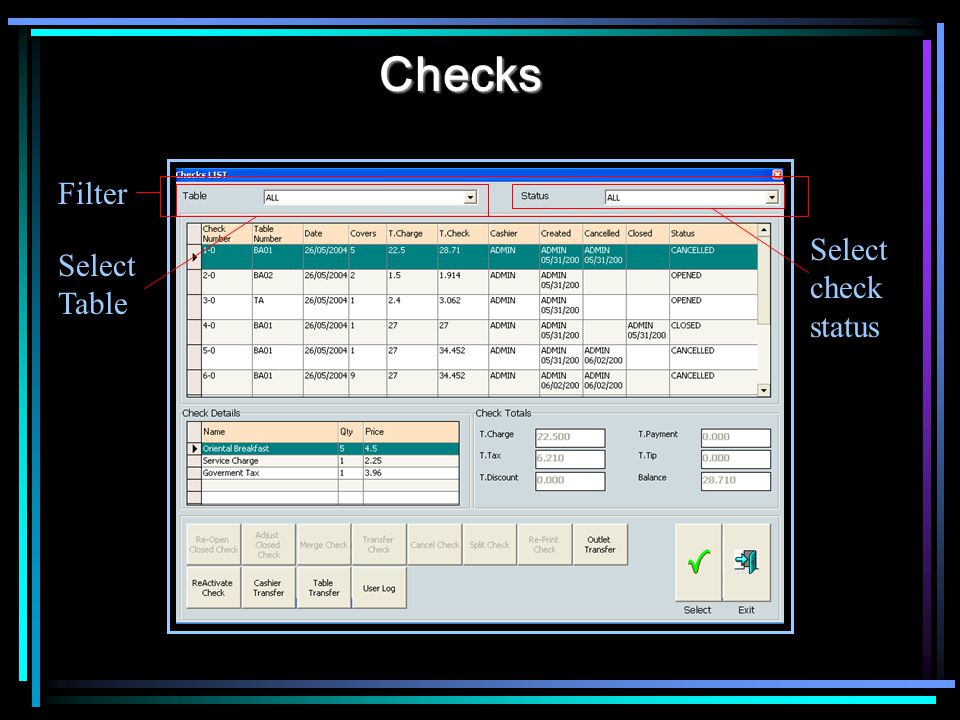 Checks Filter Select Table Select check status