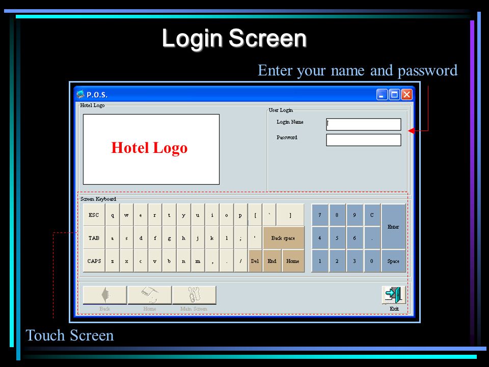 Login Screen Touch Screen Enter your name and password Hotel Logo
