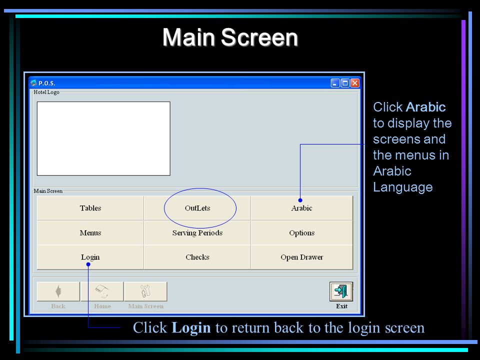 Main Screen Click Login to return back to the login screen Click Arabic to display the screens and the menus in Arabic Language