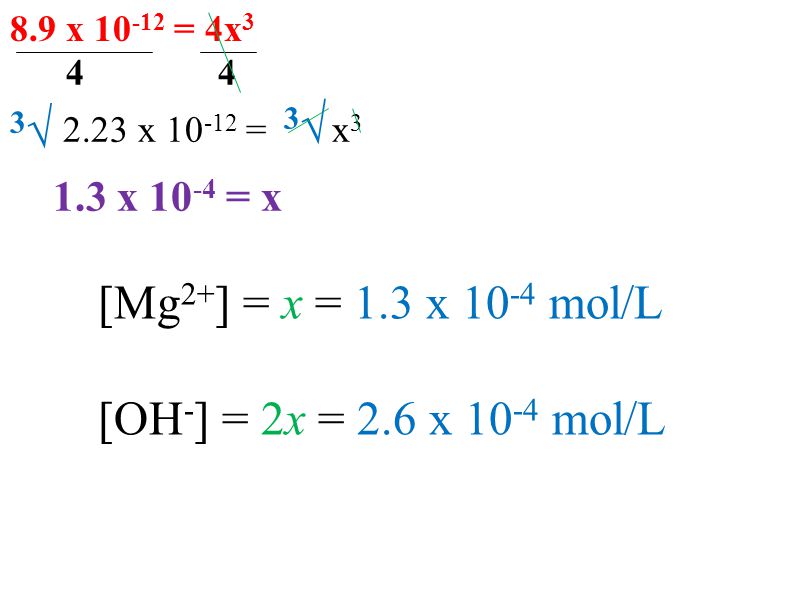 [Mg 2+ ] = x = 1.3 x mol/L [OH - ] = 2x = 2.6 x mol/L 8.9 x = 4x x = x x = x