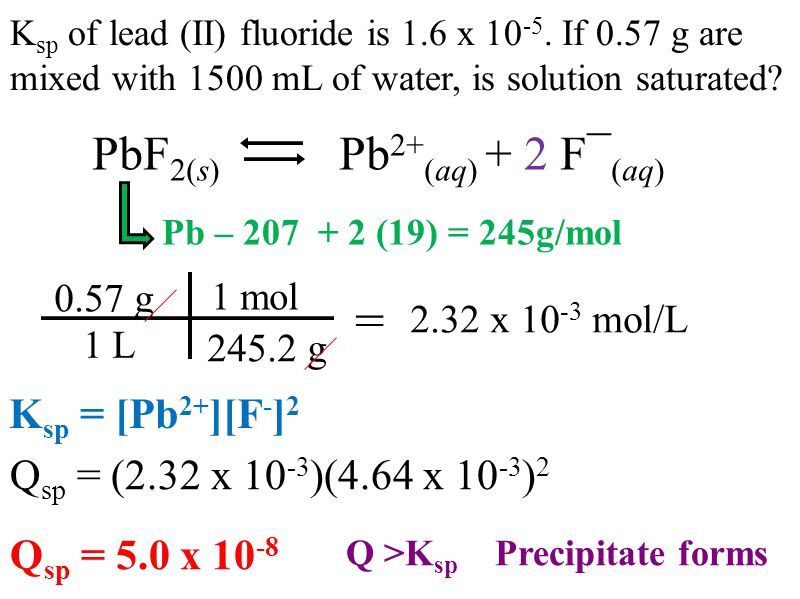 PbF 2(s) Pb 2+ (aq) + 2 F¯ (aq) Pb – (19) = 245g/mol K sp of lead (II) fluoride is 1.6 x