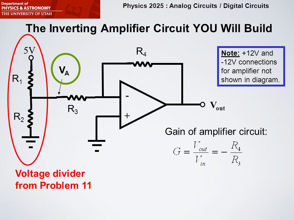 physics 2025 analog circuits digital circuits purpose of this13 physics 2025 analog circuits digital circuits the inverting amplifier circuit you will build r3r3 r4r4 v out vava r1r1 r2r2 5v voltage divider