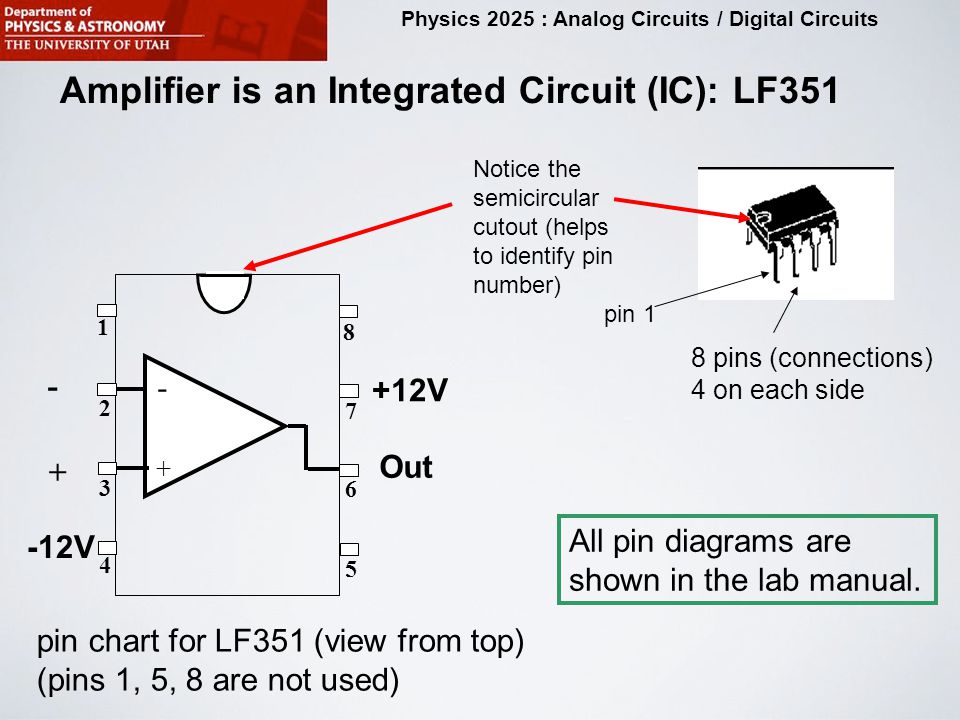 physics 2025 analog circuits digital circuits purpose of this14 physics 2025 analog circuits digital circuits amplifier is an integrated circuit (ic) lf351 8 pins (connections) 4 on each side notice the