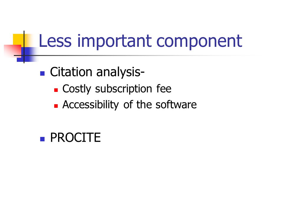 Less important component Citation analysis- Costly subscription fee Accessibility of the software PROCITE