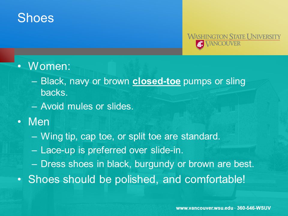 · WSUV Shoes Women: –Black, navy or brown closed-toe pumps or sling backs.