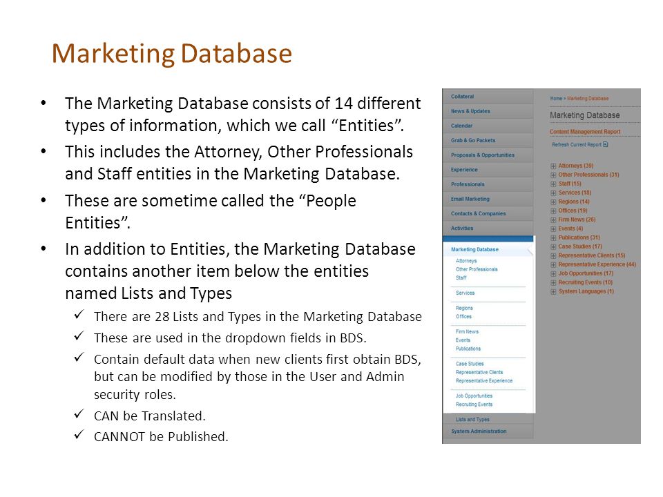 Marketing Database The Marketing Database consists of 14 different types of information, which we call Entities.