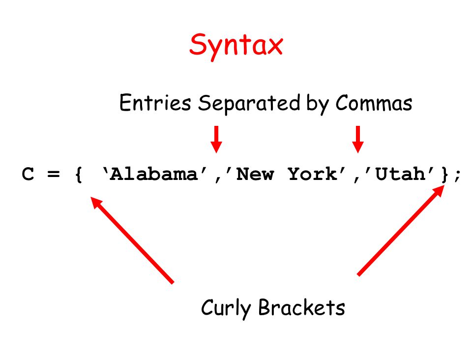 Syntax C = { Alabama,New York,Utah}; Curly Brackets Entries Separated by Commas