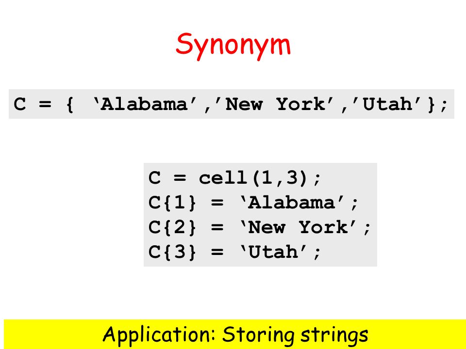Synonym C = { Alabama,New York,Utah}; C = cell(1,3); C{1} = Alabama; C{2} = New York; C{3} = Utah; Application: Storing strings