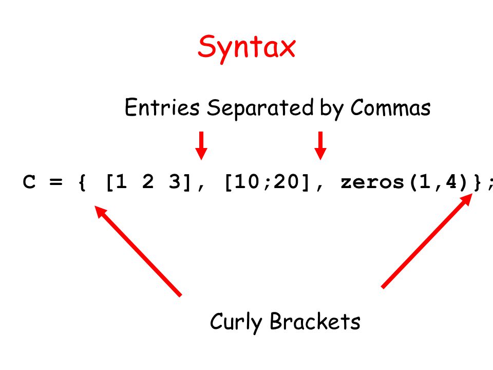 Syntax C = { [1 2 3], [10;20], zeros(1,4)}; Curly Brackets Entries Separated by Commas