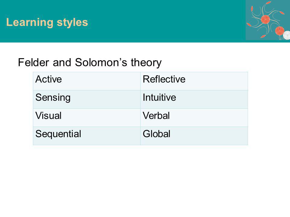 Learning styles Felder and Solomons theory ActiveReflective SensingIntuitive VisualVerbal SequentialGlobal