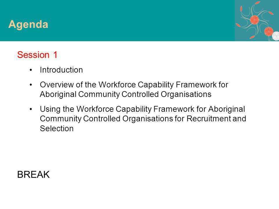 Session 1 Introduction Overview of the Workforce Capability Framework for Aboriginal Community Controlled Organisations Using the Workforce Capability Framework for Aboriginal Community Controlled Organisations for Recruitment and Selection BREAK Agenda