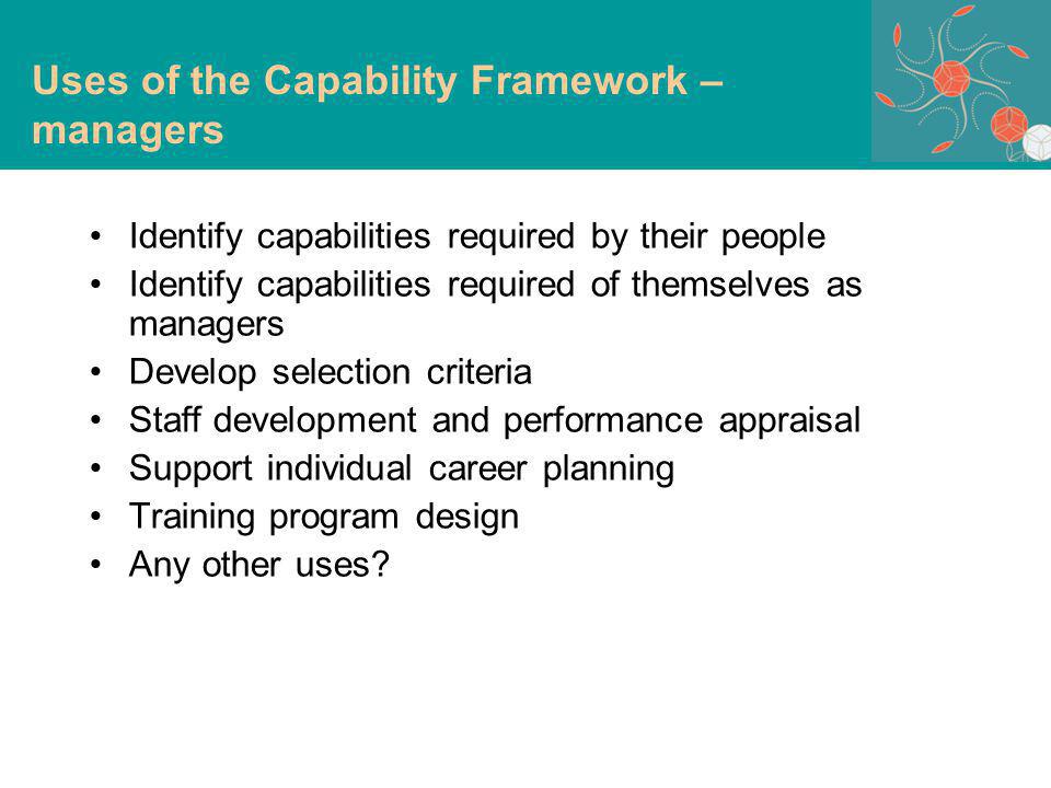 Identify capabilities required by their people Identify capabilities required of themselves as managers Develop selection criteria Staff development and performance appraisal Support individual career planning Training program design Any other uses.