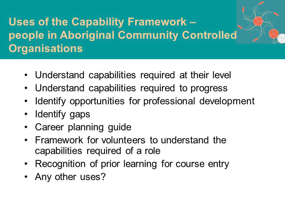 Understand capabilities required at their level Understand capabilities required to progress Identify opportunities for professional development Identify gaps Career planning guide Framework for volunteers to understand the capabilities required of a role Recognition of prior learning for course entry Any other uses.