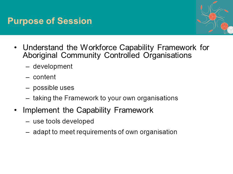 Understand the Workforce Capability Framework for Aboriginal Community Controlled Organisations –development –content –possible uses –taking the Framework to your own organisations Implement the Capability Framework –use tools developed –adapt to meet requirements of own organisation Purpose of session Purpose of Session
