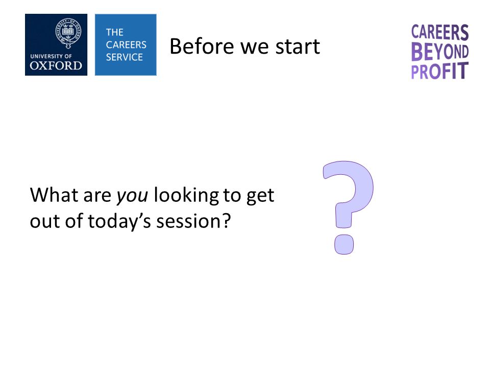 Before we start What are you looking to get out of todays session