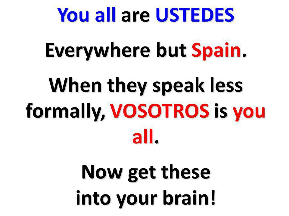 You all are USTEDES Everywhere but Spain. When they speak less formally, VOSOTROS is you all.
