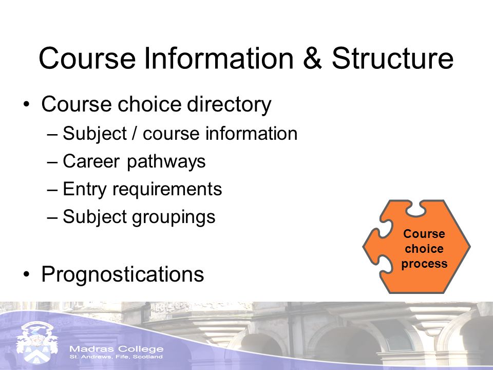 Course Information & Structure Course choice directory –Subject / course information –Career pathways –Entry requirements –Subject groupings Prognostications Course choice process