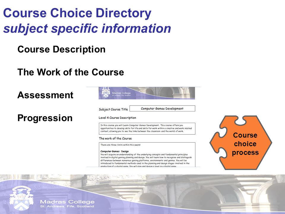 Course Choice Directory subject specific information Course Description The Work of the Course Assessment Progression