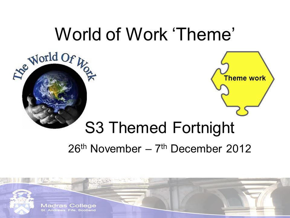 World of Work Theme Theme work S3 Themed Fortnight 26 th November – 7 th December 2012