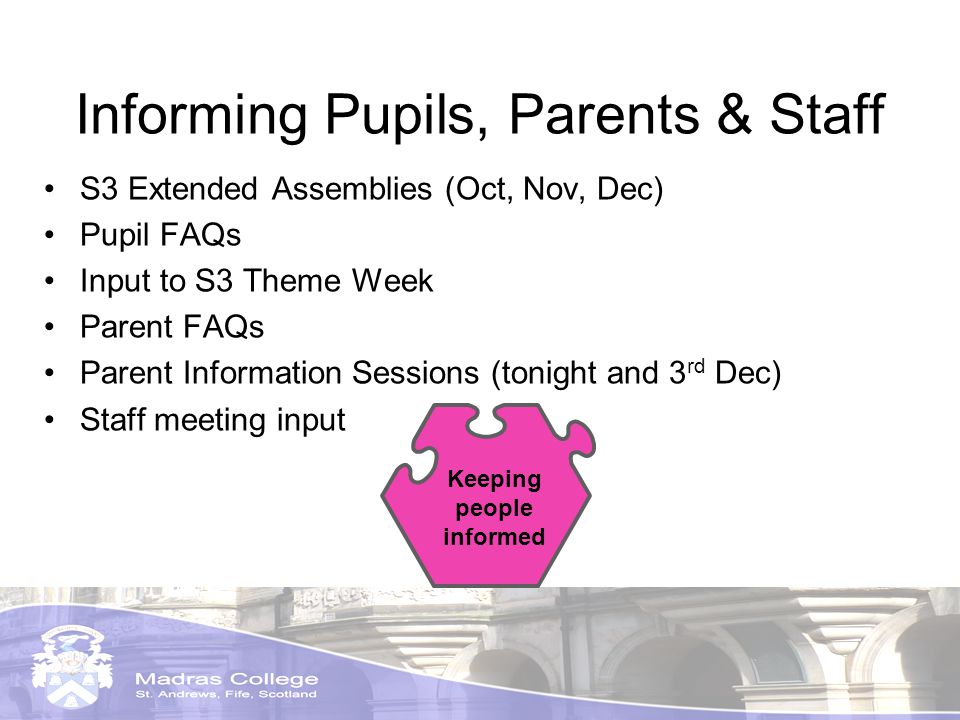 Informing Pupils, Parents & Staff S3 Extended Assemblies (Oct, Nov, Dec) Pupil FAQs Input to S3 Theme Week Parent FAQs Parent Information Sessions (tonight and 3 rd Dec) Staff meeting input Keeping people informed