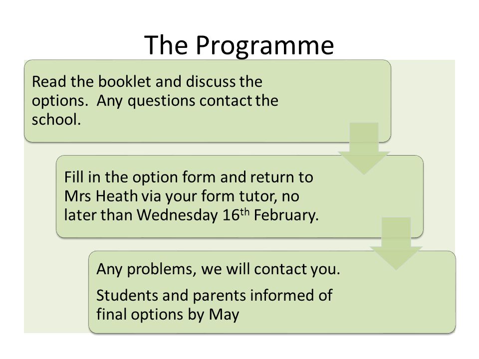 The Programme Read the booklet and discuss the options.