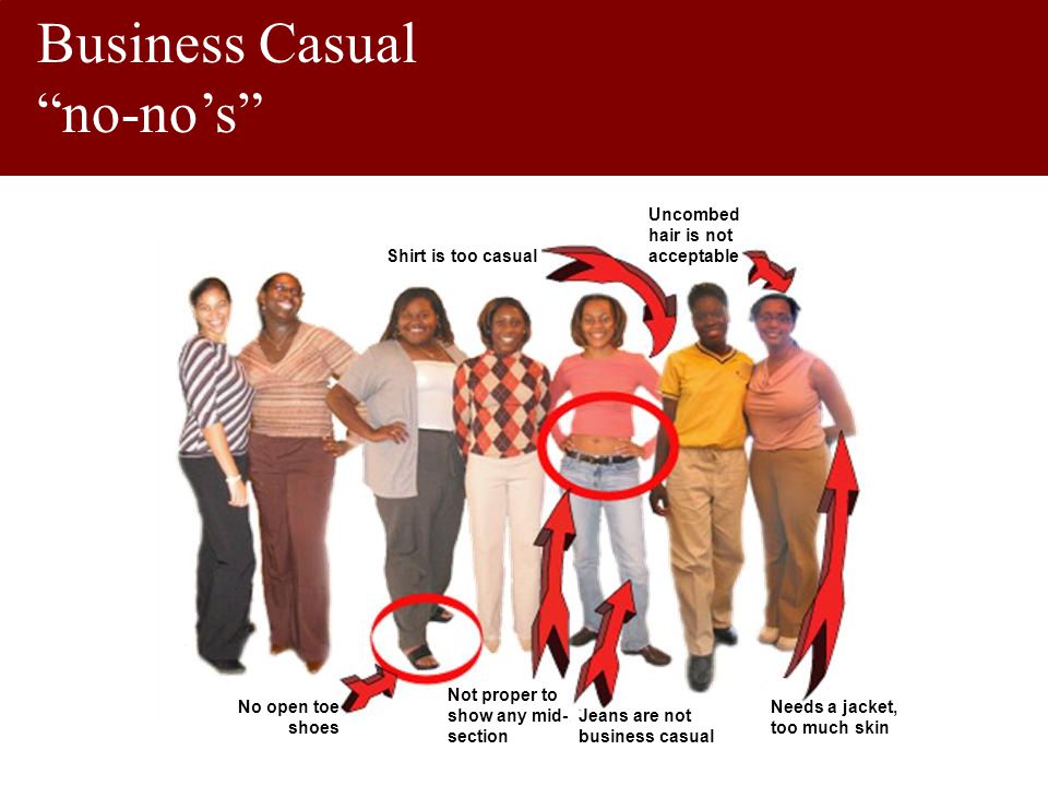Business Casual no-nos Shirt is too casual Uncombed hair is not acceptable Needs a jacket, too much skin Jeans are not business casual Not proper to show any mid- section No open toe shoes