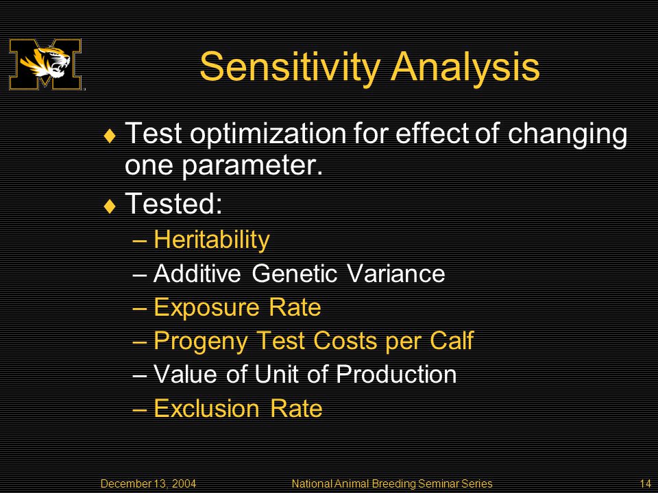 December 13, 2004National Animal Breeding Seminar Series14 Sensitivity Analysis Test optimization for effect of changing one parameter.