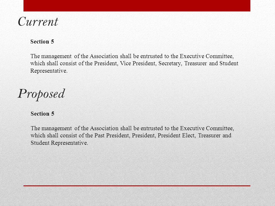 Current Section 5 The management of the Association shall be entrusted to the Executive Committee, which shall consist of the President, Vice President, Secretary, Treasurer and Student Representative.