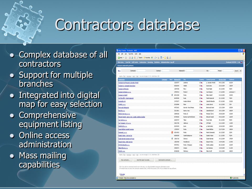 Contractors database Complex database of all contractors Support for multiple branches Integrated into digital map for easy selection Comprehensive equipment listing Online access administration Mass mailing capabilities Complex database of all contractors Support for multiple branches Integrated into digital map for easy selection Comprehensive equipment listing Online access administration Mass mailing capabilities