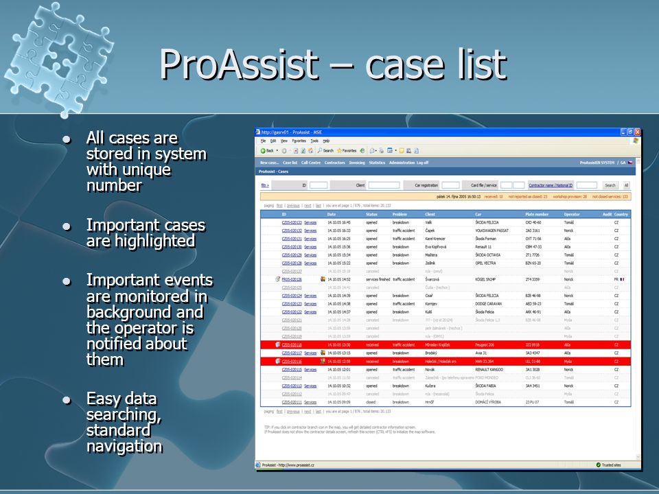 ProAssist – case list All cases are stored in system with unique number Important cases are highlighted Important events are monitored in background and the operator is notified about them Easy data searching, standard navigation All cases are stored in system with unique number Important cases are highlighted Important events are monitored in background and the operator is notified about them Easy data searching, standard navigation