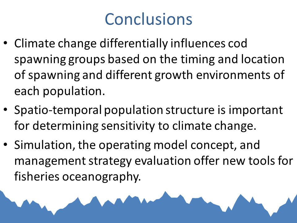 Conclusions Climate change differentially influences cod spawning groups based on the timing and location of spawning and different growth environments of each population.