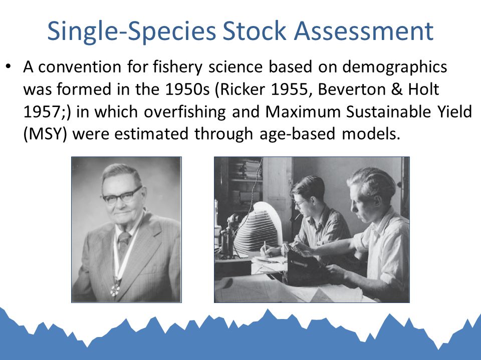 Single-Species Stock Assessment A convention for fishery science based on demographics was formed in the 1950s (Ricker 1955, Beverton & Holt 1957;) in which overfishing and Maximum Sustainable Yield (MSY) were estimated through age-based models.