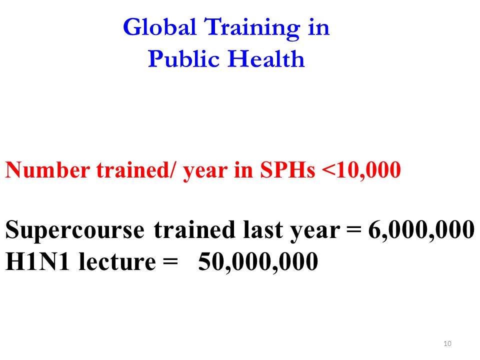 10 Global Training in Public Health Number trained/ year in SPHs <10,000 Supercourse trained last year = 6,000,000 H1N1 lecture = 50,000,000