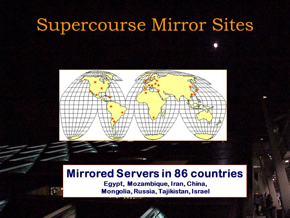 19 Supercourse Mirror Sites Mirrored Servers in 86 countries Egypt, Mozambique, Iran, China, Mongolia, Russia, Tajikistan, Israel