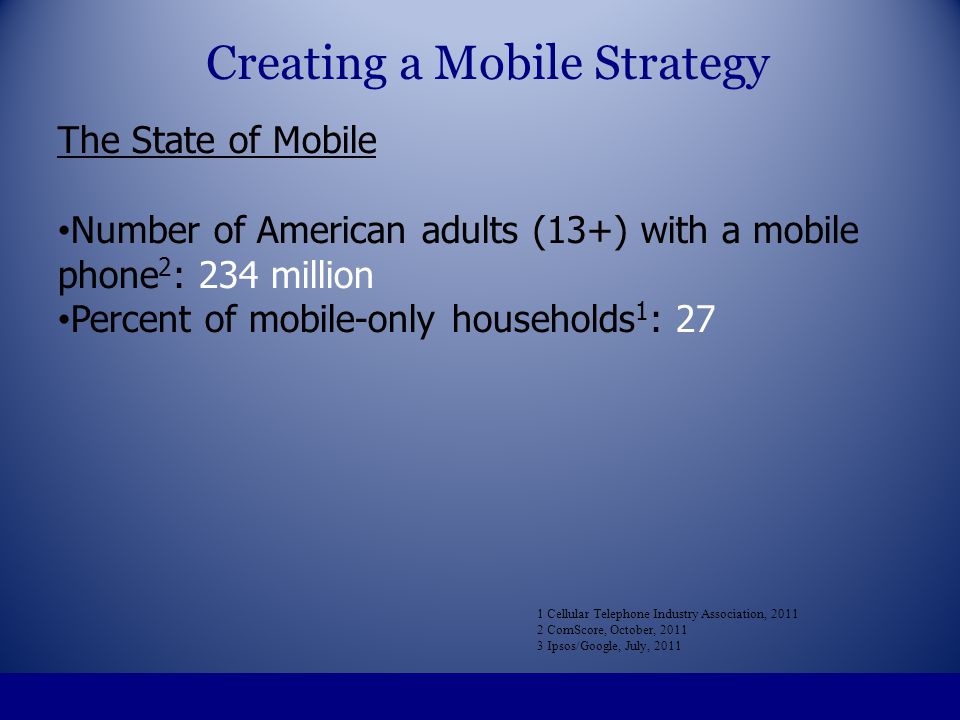 The State of Mobile Number of American adults (13+) with a mobile phone 2 : 234 million Percent of mobile-only households 1 : 27 1 Cellular Telephone Industry Association, ComScore, October, Ipsos/Google, July, 2011 Creating a Mobile Strategy