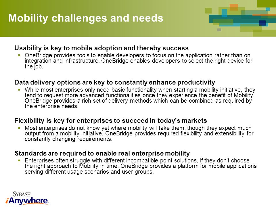Mobility challenges and needs Usability is key to mobile adoption and thereby success OneBridge provides tools to enable developers to focus on the application rather than on integration and infrastructure.