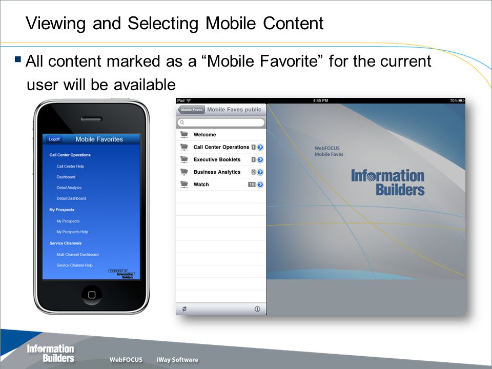 Viewing and Selecting Mobile Content All content marked as a Mobile Favorite for the current user will be available Copyright 2010, Information Builders.
