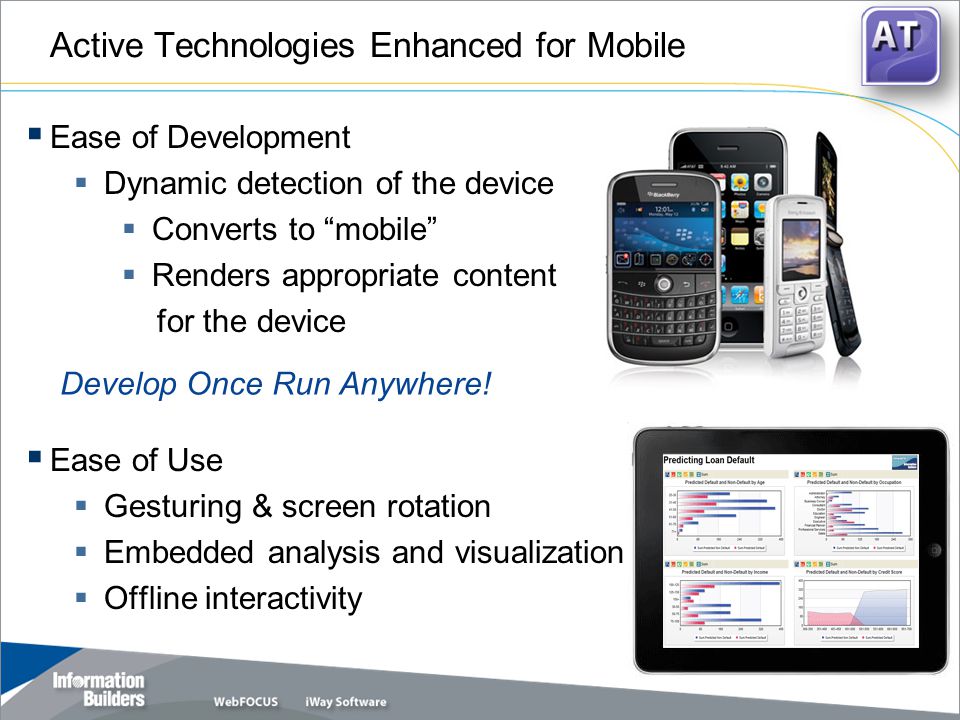 Active Technologies Enhanced for Mobile Ease of Development Dynamic detection of the device Converts to mobile Renders appropriate content for the device Ease of Use Gesturing & screen rotation Embedded analysis and visualization Offline interactivity Develop Once Run Anywhere!