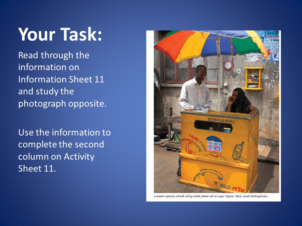 Your Task: Read through the information on Information Sheet 11 and study the photograph opposite.