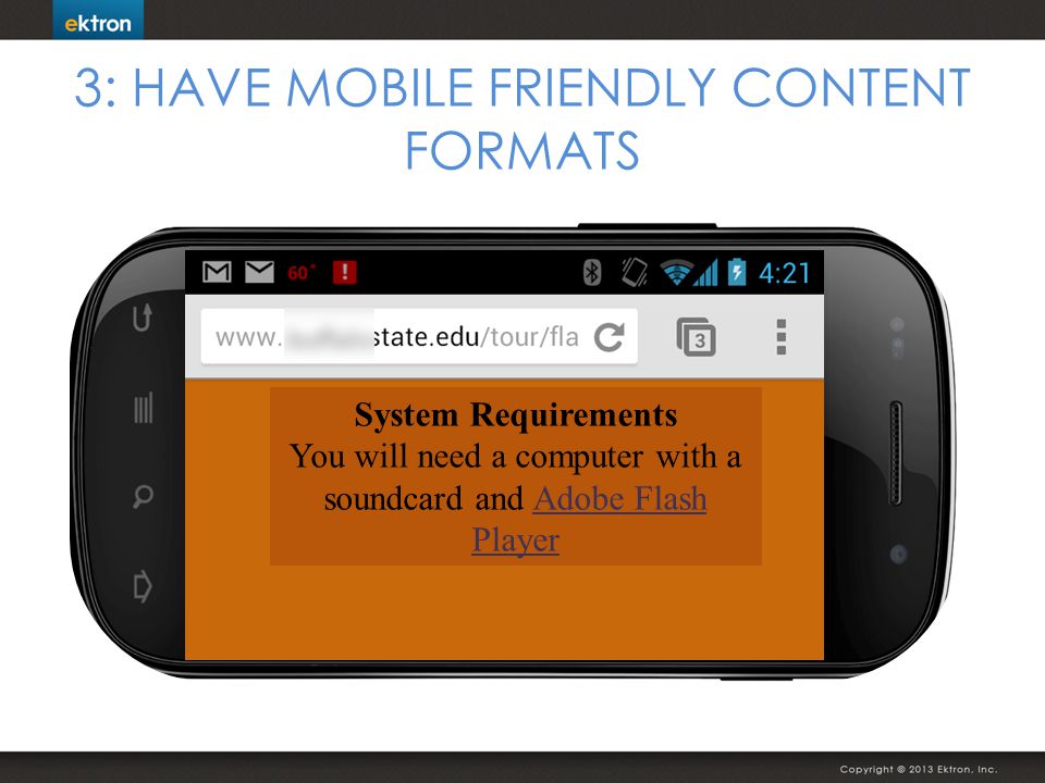 3: HAVE MOBILE FRIENDLY CONTENT FORMATS System Requirements You will need a computer with a soundcard and Adobe Flash Player