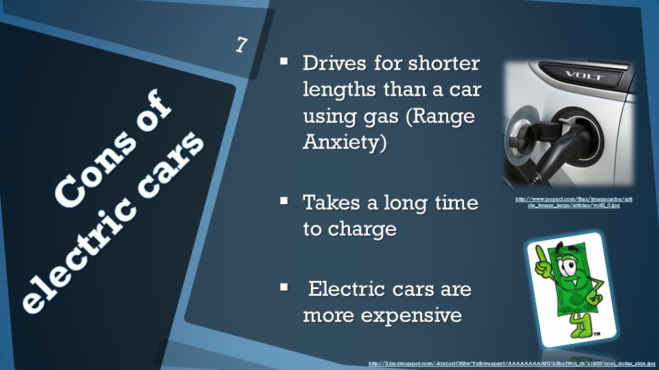 Drives for shorter lengths than a car using gas (Range Anxiety) Drives for shorter lengths than a car using gas (Range Anxiety) Takes a long time to charge Takes a long time to charge Electric cars are more expensive Electric cars are more expensive 7   cle_image_large/articles/volt2_0.jpg