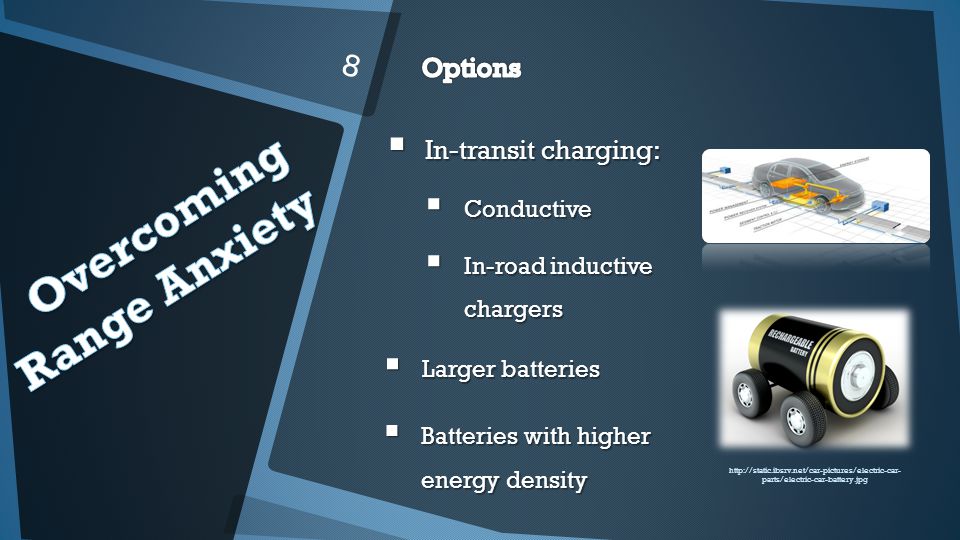 In-transit charging: In-transit charging: Conductive Conductive In-road inductive chargers In-road inductive chargers 8   parts/electric-car-battery.jpg Larger batteries Larger batteries Batteries with higher energy density Batteries with higher energy density