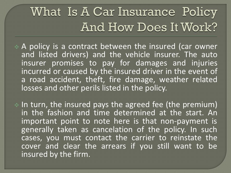 A policy is a contract between the insured (car owner and listed drivers) and the vehicle insurer.