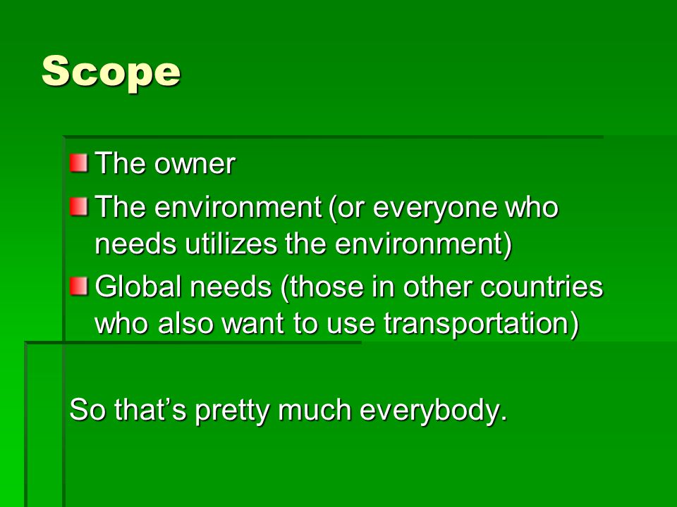Scope The owner The environment (or everyone who needs utilizes the environment) Global needs (those in other countries who also want to use transportation) So thats pretty much everybody.