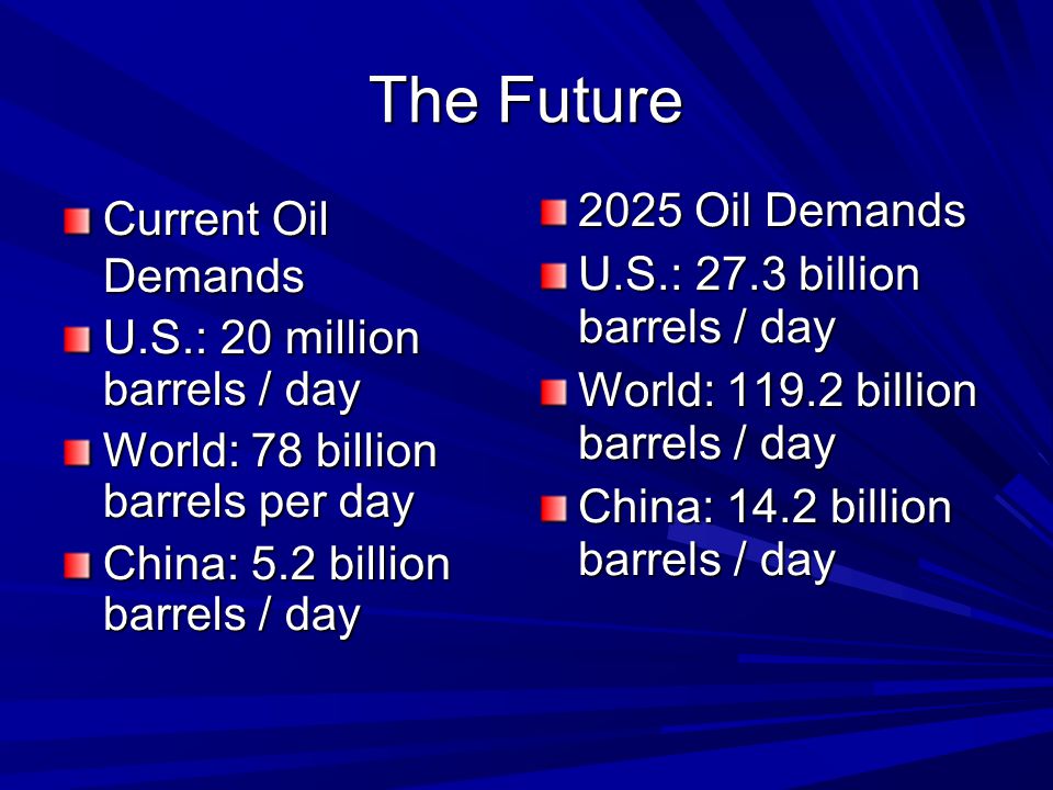 The Future Current Oil Demands U.S.: 20 million barrels / day World: 78 billion barrels per day China: 5.2 billion barrels / day 2025 Oil Demands U.S.: 27.3 billion barrels / day World: billion barrels / day China: 14.2 billion barrels / day