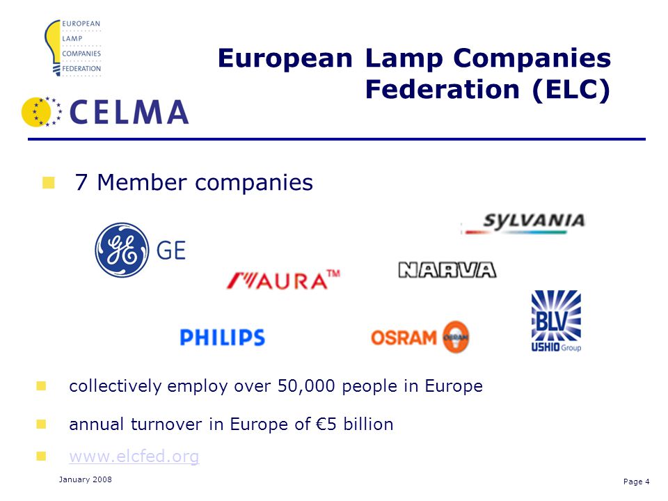 Page 4 January 2008 European Lamp Companies Federation (ELC) collectively employ over 50,000 people in Europe annual turnover in Europe of 5 billion   HID 7 Member companies HID