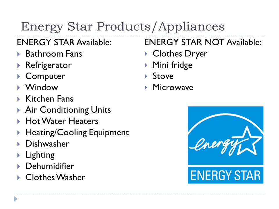 Energy Star Products/Appliances ENERGY STAR Available: Bathroom Fans Refrigerator Computer Window Kitchen Fans Air Conditioning Units Hot Water Heaters Heating/Cooling Equipment Dishwasher Lighting Dehumidifier Clothes Washer ENERGY STAR NOT Available: Clothes Dryer Mini fridge Stove Microwave