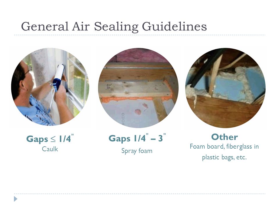 General Air Sealing Guidelines Gaps 1/4 Caulk Gaps 1/4 – 3 Spray foam Other Foam board, fiberglass in plastic bags, etc.